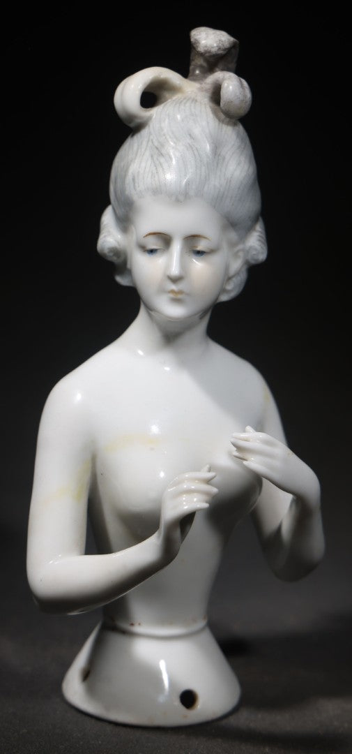 Vintage Porcelain Half-Doll with Arms Away, Woman with Upswept Hairdo and Topknot, Manufactured by Goebel, Circa 1939-1949