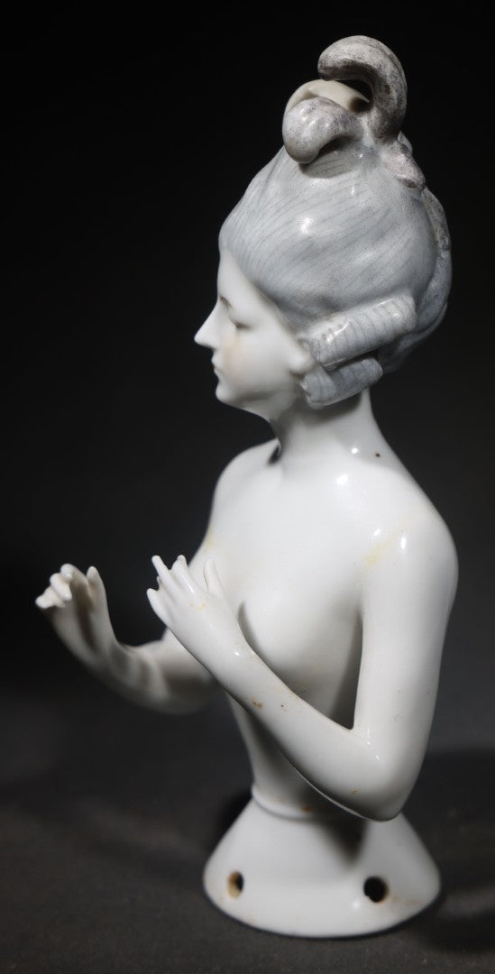 Vintage Porcelain Half-Doll with Arms Away, Woman with Upswept Hairdo and Topknot, Manufactured by Goebel, Circa 1939-1949