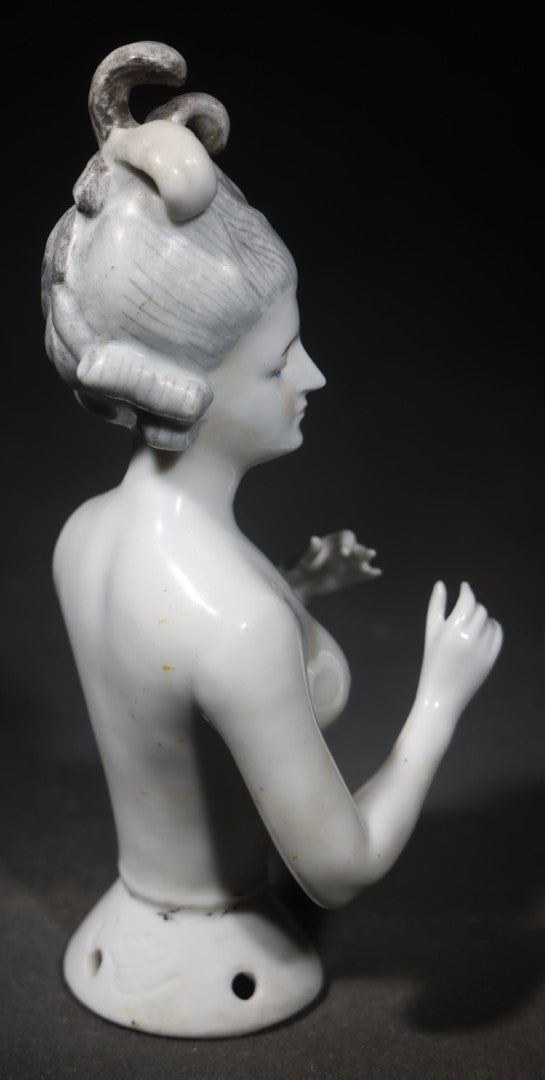 Vintage Porcelain Half-Doll with Arms Away, Woman with Upswept Hairdo and Topknot, Manufactured by Goebel, Circa 1939-1949