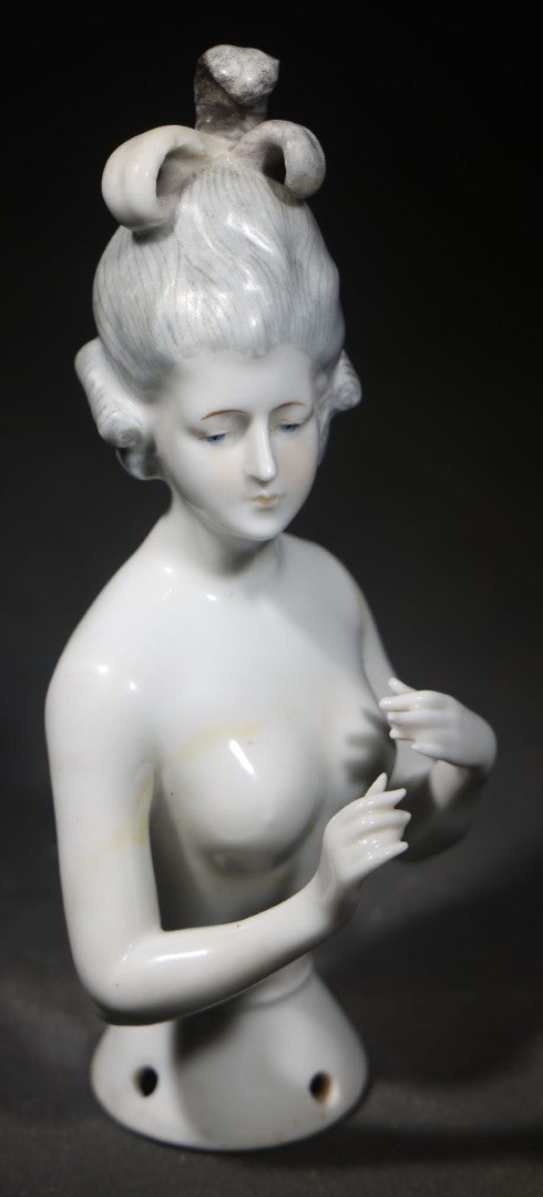 Vintage Porcelain Half-Doll with Arms Away, Woman with Upswept Hairdo and Topknot, Manufactured by Goebel, Circa 1939-1949