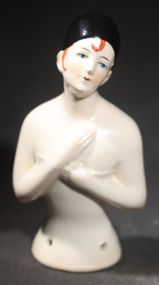 Antique Porcelain Half Doll with Black Bobbed Hair and Arms Crossed, Marked Germany
