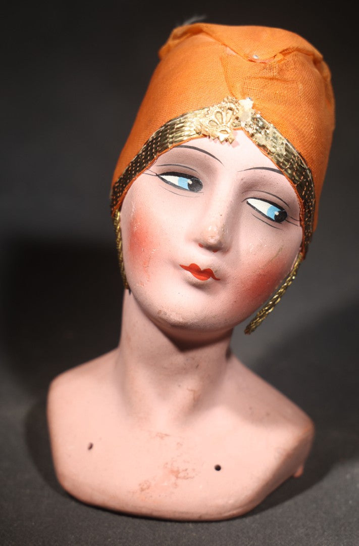 Antique Hand-Painted Half-Doll Bust with Orange Fabric Cap and Gold Metallic Trim