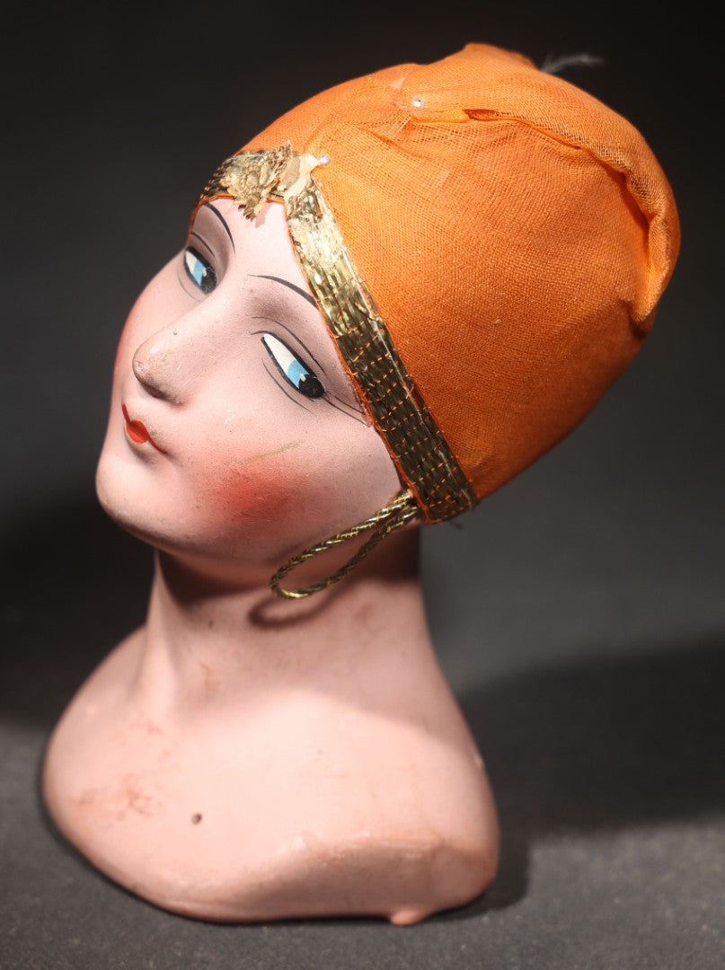 Antique Hand-Painted Half-Doll Bust with Orange Fabric Cap and Gold Metallic Trim