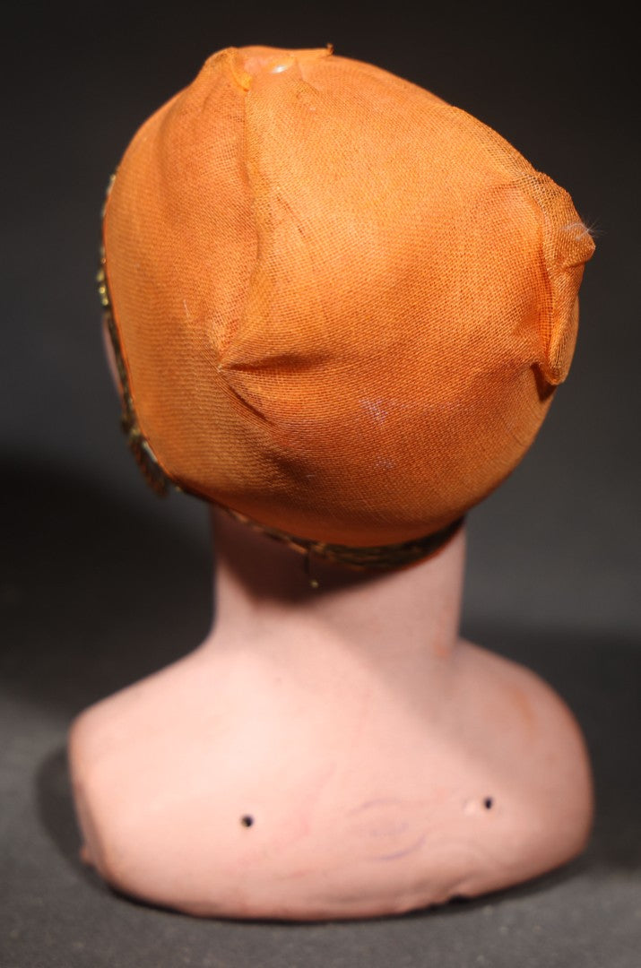 Antique Hand-Painted Half-Doll Bust with Orange Fabric Cap and Gold Metallic Trim