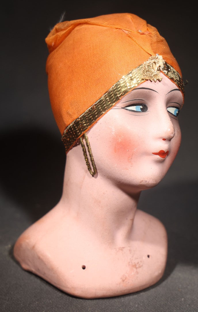 Antique Hand-Painted Half-Doll Bust with Orange Fabric Cap and Gold Metallic Trim