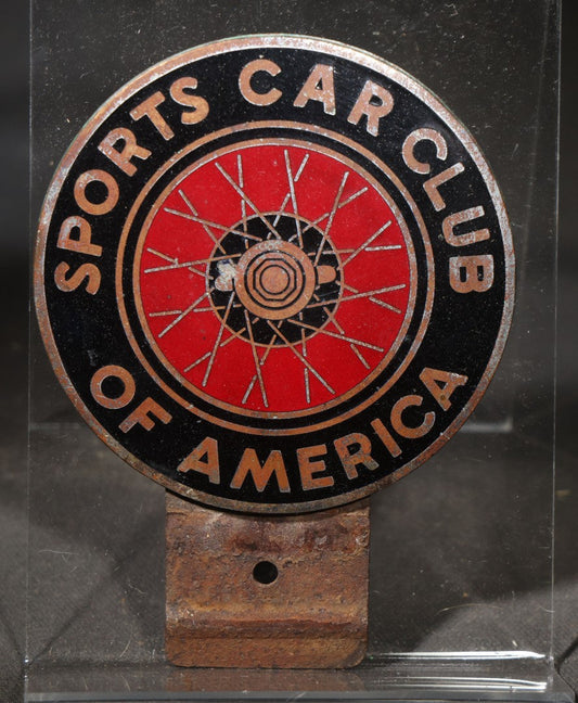 Vintage Sports Car Club of America S.C.C.A. Car Badge with Wire Spoke Wheel Graphic