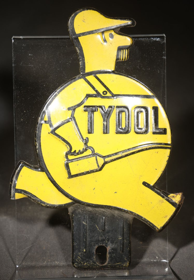 Vintage Tydol Gasoline Die-Cut License Plate Topper with Tydol Man Service Attendant Graphic