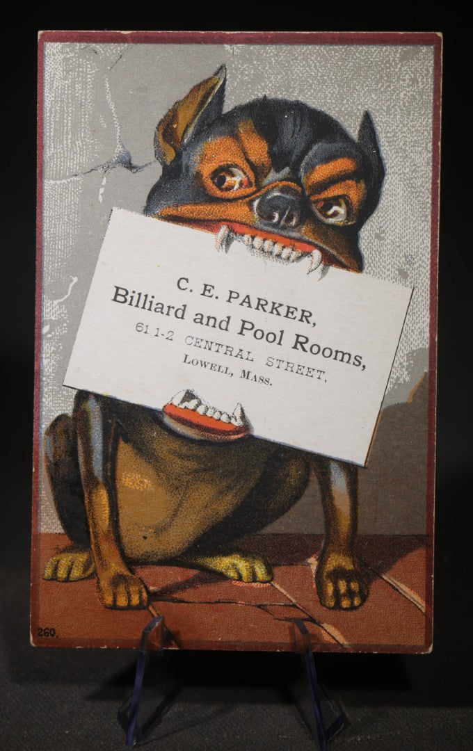 Antique C. E. Parker Billiard and Pool Rooms Trade Card with Snarling Dog Graphic, Lowell, Massachusetts