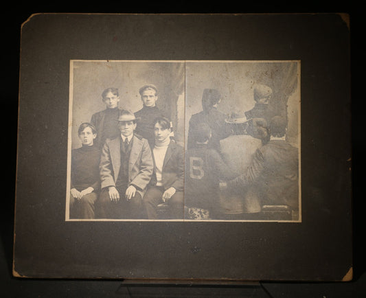 Antique Double Board-Mounted Photograph of a Group of Young Men with Cigarettes and "B" Letters on Backs of Sweaters, Photographed by Graham, Wolfeboro, New Hampshire