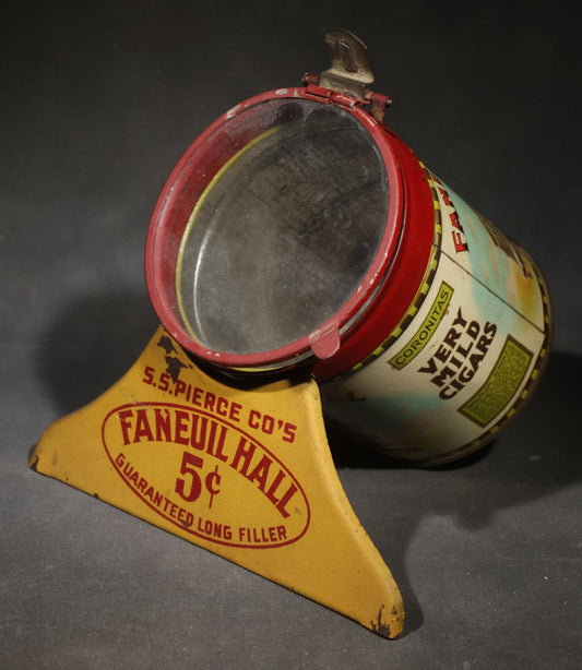 Antique S.S. Pierce Co. Faneuil Hall Coronitas Five Cent Cigar Tin with Glass Lid, Hinged Clasp, and Attached Display Stand, Faneuil Hall Building Graphics, Factory No. 1000, 3d District, New York