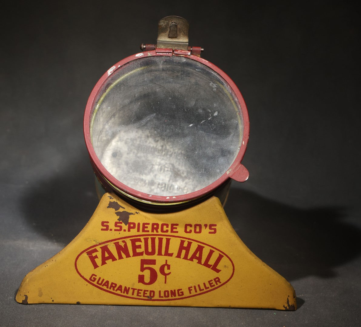 Antique S.S. Pierce Co. Faneuil Hall Coronitas Five Cent Cigar Tin with Glass Lid, Hinged Clasp, and Attached Display Stand, Faneuil Hall Building Graphics, Factory No. 1000, 3d District, New York