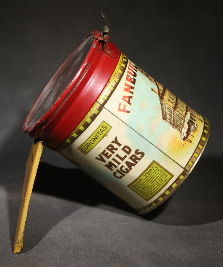 Antique S.S. Pierce Co. Faneuil Hall Coronitas Five Cent Cigar Tin with Glass Lid, Hinged Clasp, and Attached Display Stand, Faneuil Hall Building Graphics, Factory No. 1000, 3d District, New York