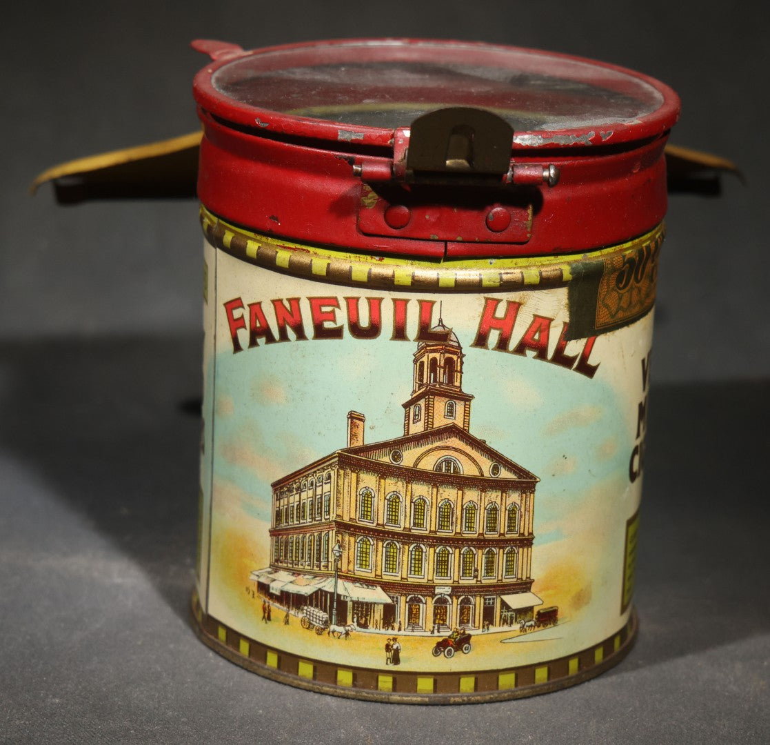 Antique S.S. Pierce Co. Faneuil Hall Coronitas Five Cent Cigar Tin with Glass Lid, Hinged Clasp, and Attached Display Stand, Faneuil Hall Building Graphics, Factory No. 1000, 3d District, New York