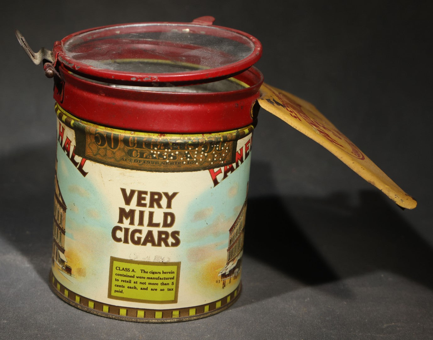 Antique S.S. Pierce Co. Faneuil Hall Coronitas Five Cent Cigar Tin with Glass Lid, Hinged Clasp, and Attached Display Stand, Faneuil Hall Building Graphics, Factory No. 1000, 3d District, New York