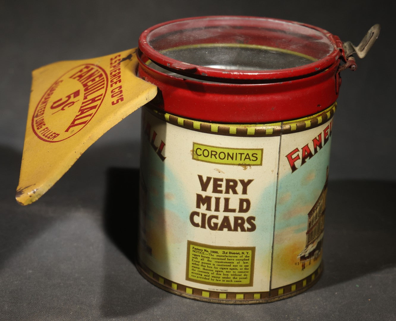 Antique S.S. Pierce Co. Faneuil Hall Coronitas Five Cent Cigar Tin with Glass Lid, Hinged Clasp, and Attached Display Stand, Faneuil Hall Building Graphics, Factory No. 1000, 3d District, New York