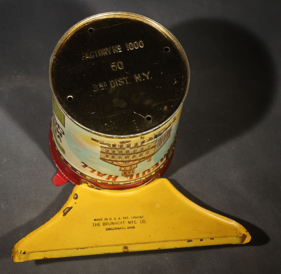 Antique S.S. Pierce Co. Faneuil Hall Coronitas Five Cent Cigar Tin with Glass Lid, Hinged Clasp, and Attached Display Stand, Faneuil Hall Building Graphics, Factory No. 1000, 3d District, New York
