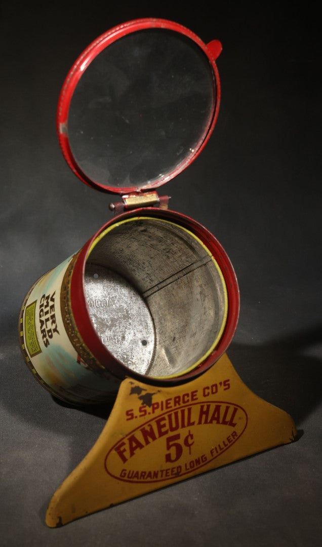 Antique S.S. Pierce Co. Faneuil Hall Coronitas Five Cent Cigar Tin with Glass Lid, Hinged Clasp, and Attached Display Stand, Faneuil Hall Building Graphics, Factory No. 1000, 3d District, New York