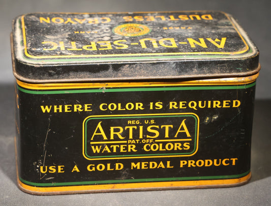 Antique Binney & Smith Co. An-Du-Septic Dustless Crayon One Gross Tin with Crayola Crayons and Artista Water Colors Advertising, Gold Medal Crayons Trade Mark, New York