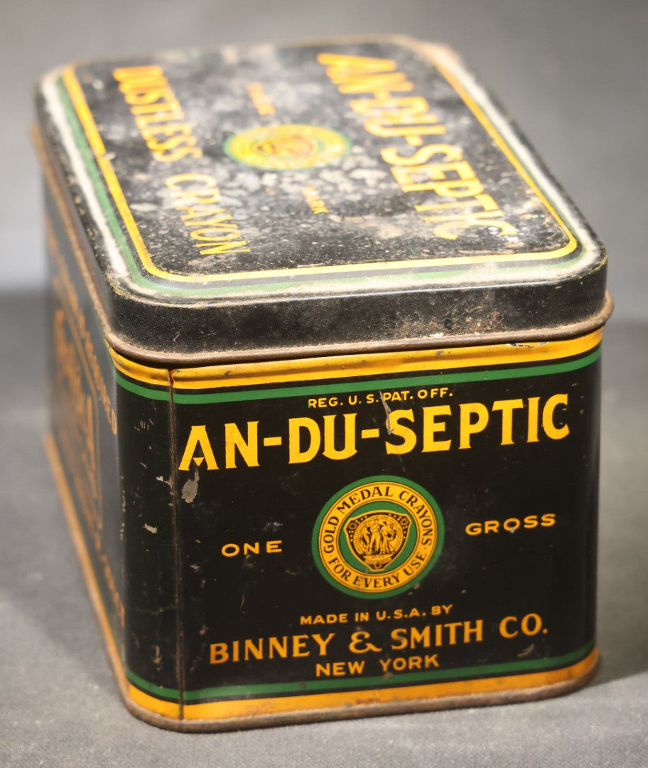 Antique Binney & Smith Co. An-Du-Septic Dustless Crayon One Gross Tin with Crayola Crayons and Artista Water Colors Advertising, Gold Medal Crayons Trade Mark, New York