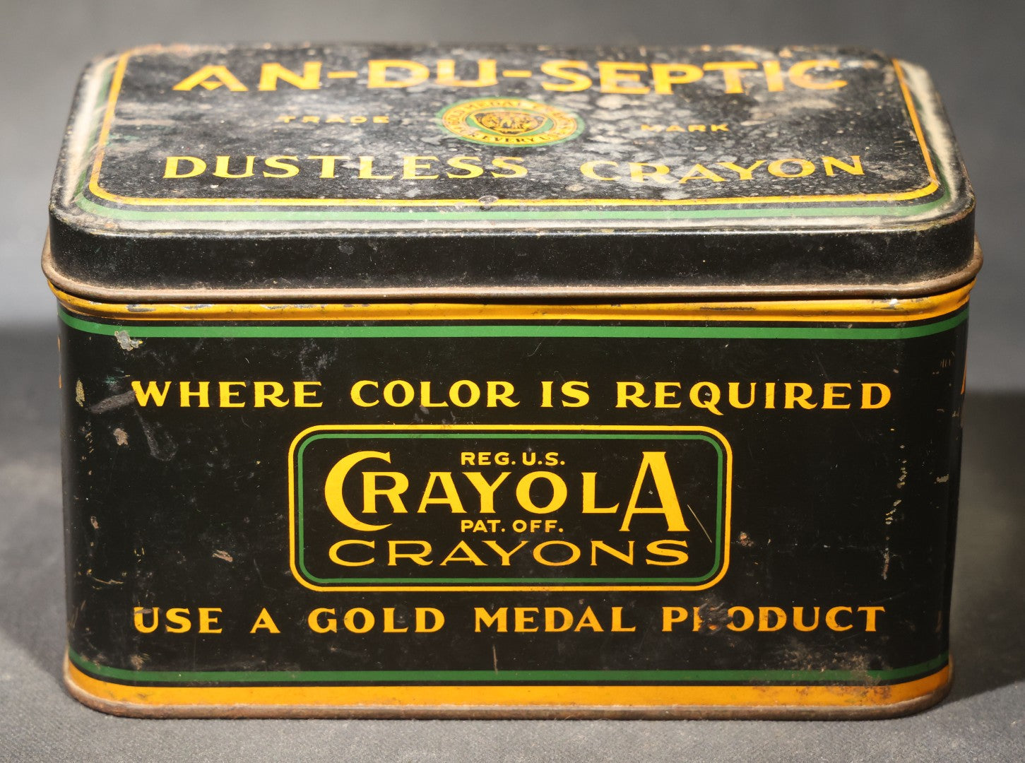 Antique Binney & Smith Co. An-Du-Septic Dustless Crayon One Gross Tin with Crayola Crayons and Artista Water Colors Advertising, Gold Medal Crayons Trade Mark, New York