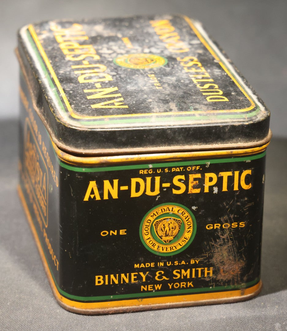 Antique Binney & Smith Co. An-Du-Septic Dustless Crayon One Gross Tin with Crayola Crayons and Artista Water Colors Advertising, Gold Medal Crayons Trade Mark, New York