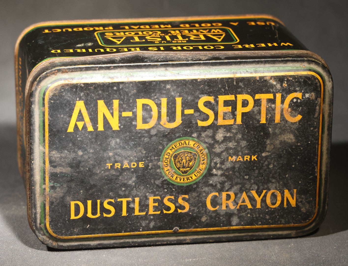Antique Binney & Smith Co. An-Du-Septic Dustless Crayon One Gross Tin with Crayola Crayons and Artista Water Colors Advertising, Gold Medal Crayons Trade Mark, New York