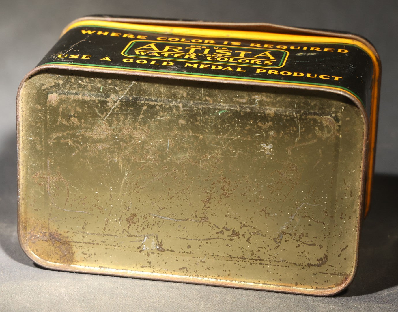 Antique Binney & Smith Co. An-Du-Septic Dustless Crayon One Gross Tin with Crayola Crayons and Artista Water Colors Advertising, Gold Medal Crayons Trade Mark, New York