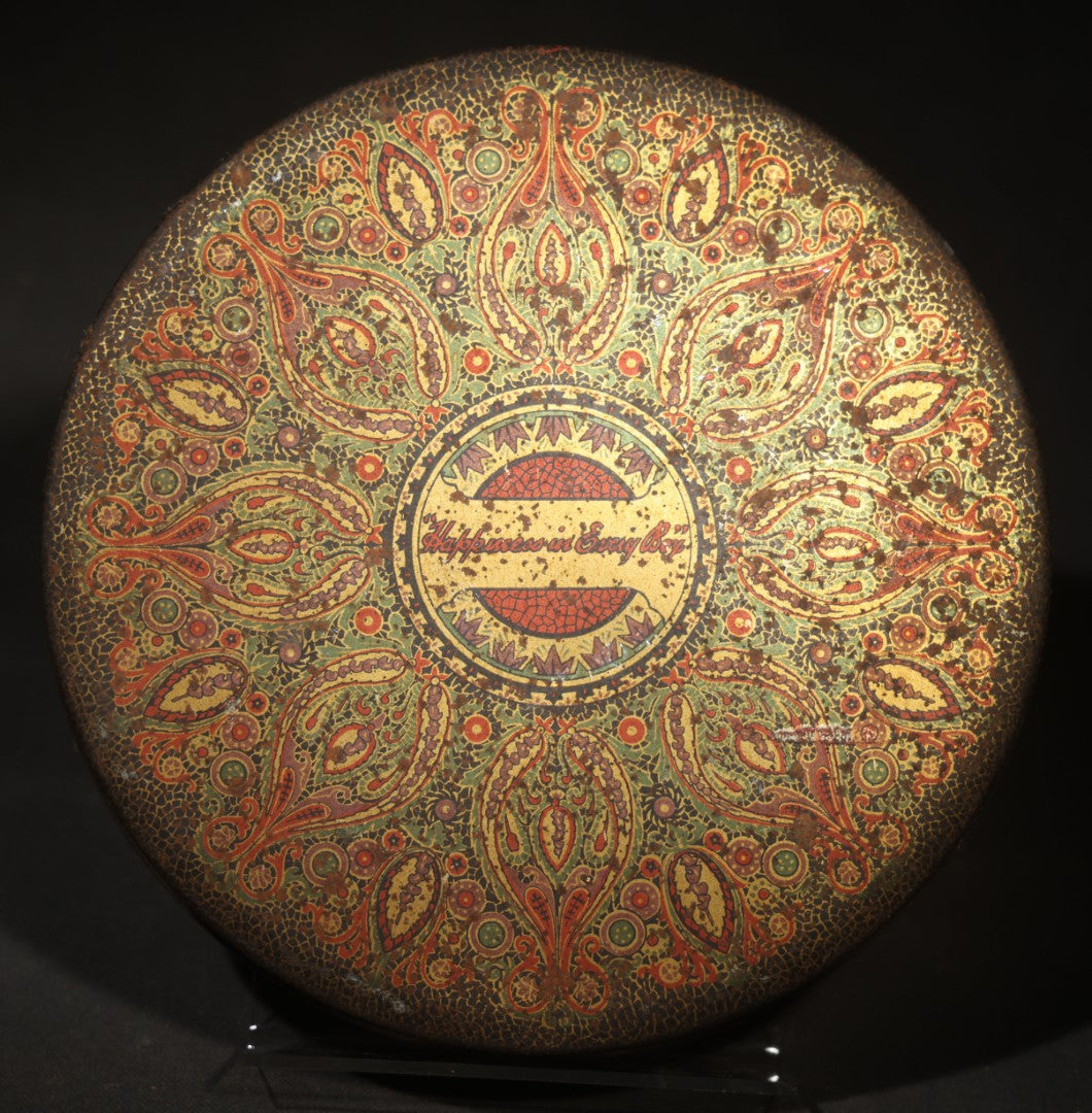 Antique "Happiness in Every Box" Round Biscuit Tin with Paisley Design