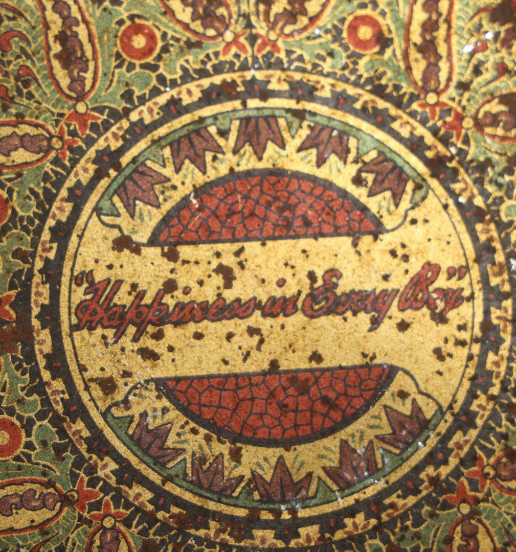 Antique "Happiness in Every Box" Round Biscuit Tin with Paisley Design