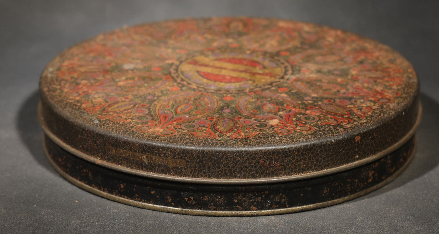 Antique "Happiness in Every Box" Round Biscuit Tin with Paisley Design