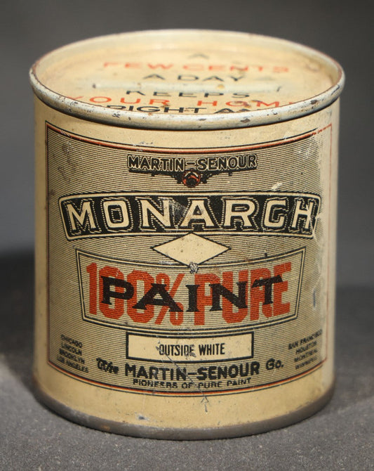 Vintage Martin-Senour Monarch 100% Pure Paint Miniature Tin Can Coin Bank Advertising, "Outside White," The Martin-Senour Co., Chicago, Illinois