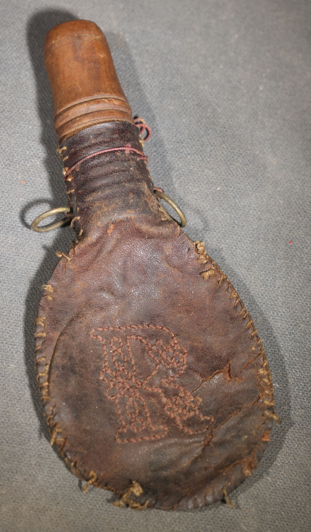 Antique Hand-Stitched Leather Shot Bag with Turned Wooden Spout and Embroidered Letter "R"