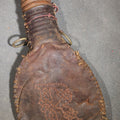 Lot 036 - Antique Hand-Stitched Leather Shot Bag with Turned Wooden Spout and Embroidered Letter "R", 6" H