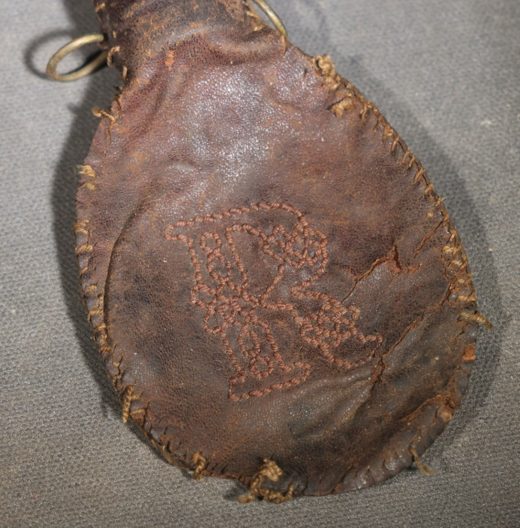 Antique Hand-Stitched Leather Shot Bag with Turned Wooden Spout and Embroidered Letter "R"