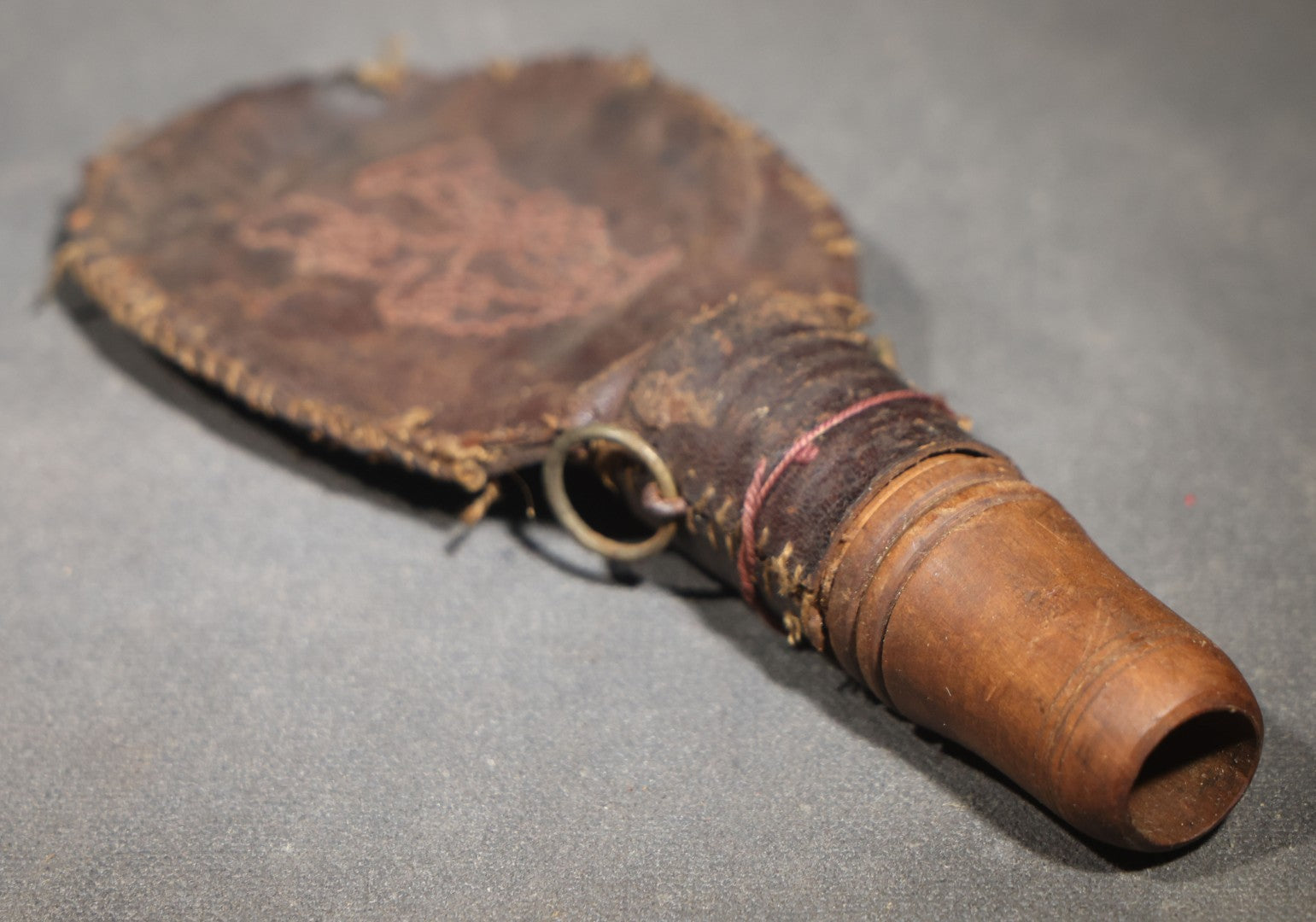 Antique Hand-Stitched Leather Shot Bag with Turned Wooden Spout and Embroidered Letter "R"