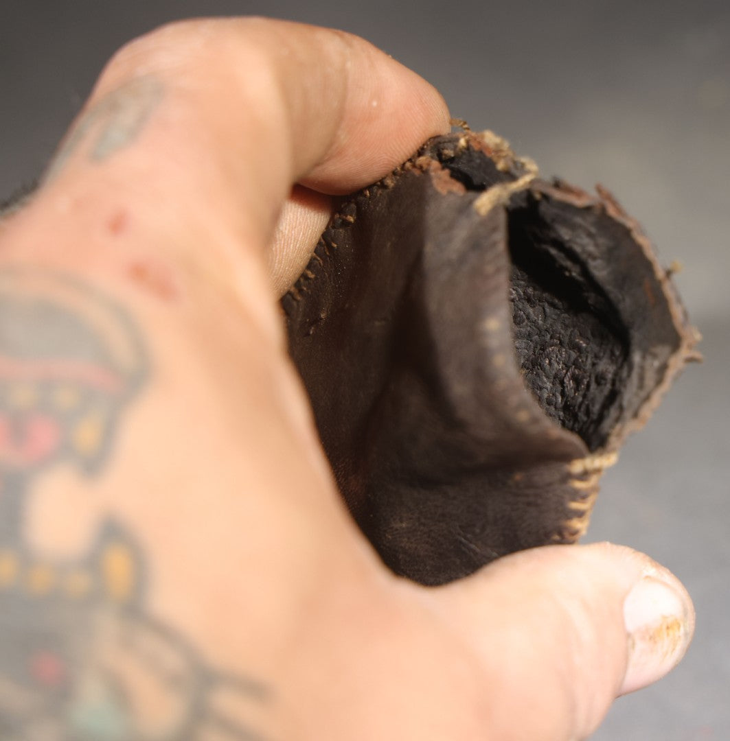 Antique Hand-Stitched Leather Shot Bag with Turned Wooden Spout and Embroidered Letter "R"