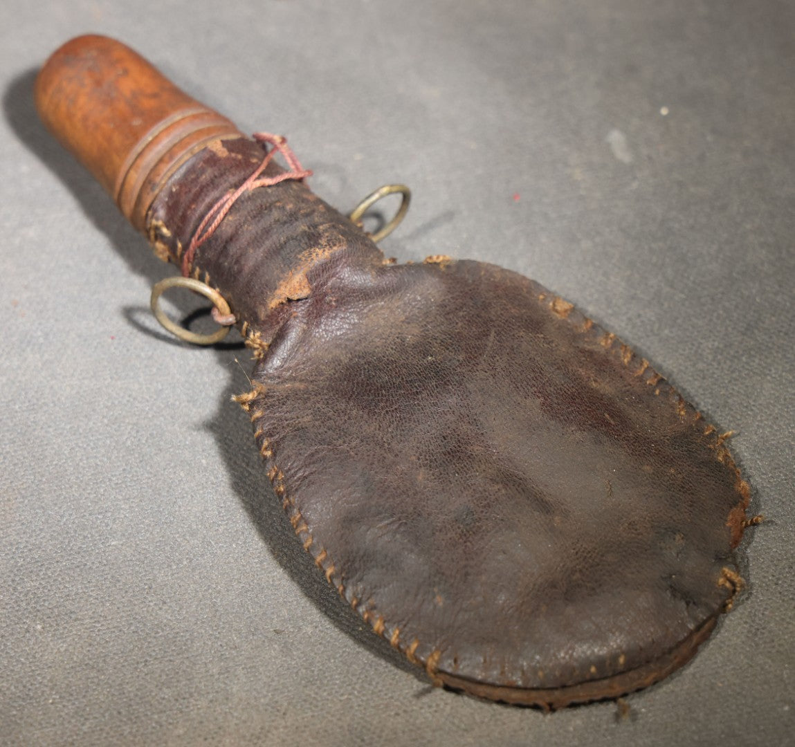 Antique Hand-Stitched Leather Shot Bag with Turned Wooden Spout and Embroidered Letter "R"