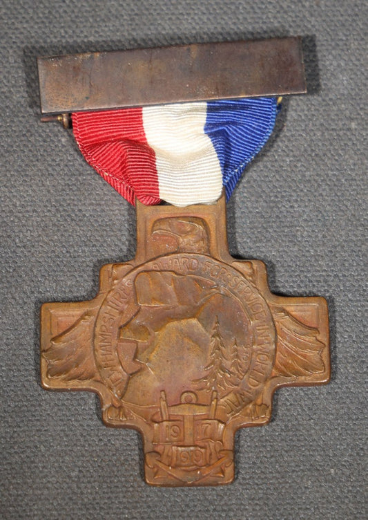 Antique New Hampshire Award for Service in World War I Bronze Cross Medal with Red, White, and Blue Ribbon, 1917-1919, Old Man of the Mountain Design