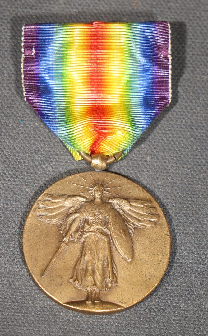 Antique U.S. World War I Victory Medal with Rainbow Ribbon, "The Great War for Civilization," Winged Victory Obverse, Allied Nations Reverse, Circa 1919