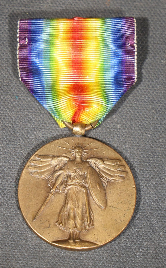 Antique U.S. World War I Victory Medal with Rainbow Ribbon, "The Great War for Civilization," Winged Victory Obverse, Allied Nations Reverse, Circa 1919