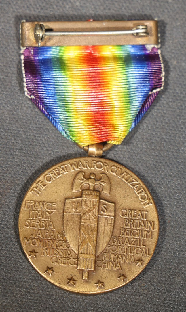 Antique U.S. World War I Victory Medal with Rainbow Ribbon, "The Great War for Civilization," Winged Victory Obverse, Allied Nations Reverse, Circa 1919