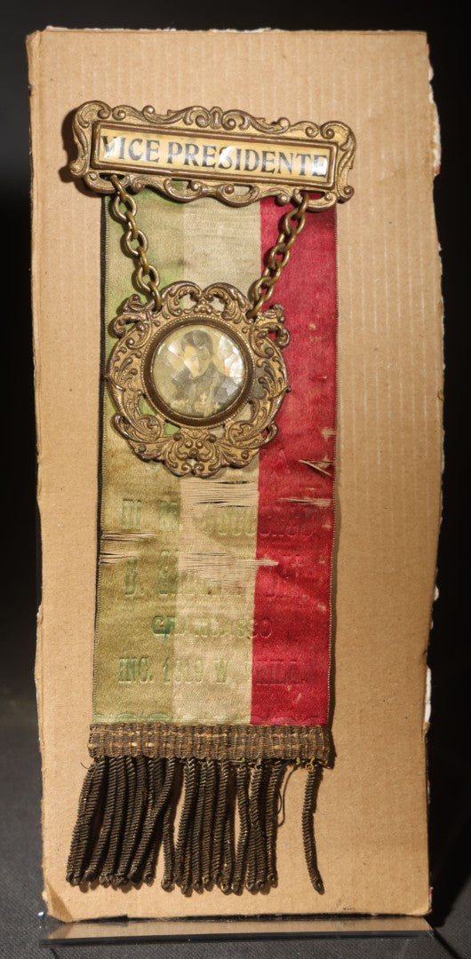 Antique Italian-American Mutual Aid Society "Vice Presidente" Ribbon Badge, Societa di M. Soccorso B. Gabriele del Gransasso, Incorporated 1919, West Philadelphia, Pennsylvania, with Portrait Medallion and Italian Tricolor Ribbon