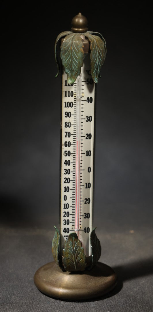 Vintage Brass Desk Thermometer with Acorn Finial and Leaf Motif, Dual Fahrenheit and Celsius Scale, Manufactured by Conant Custom Brass, Burlington, Vermont