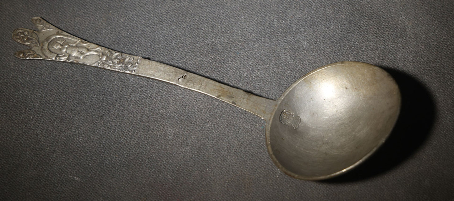 Antique Pewter Spoon with Figural Cherub Handle and Stamped Rose Mark in Bowl
