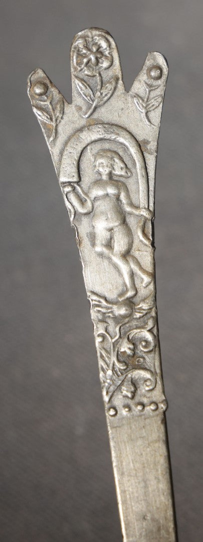 Antique Pewter Spoon with Figural Cherub Handle and Stamped Rose Mark in Bowl