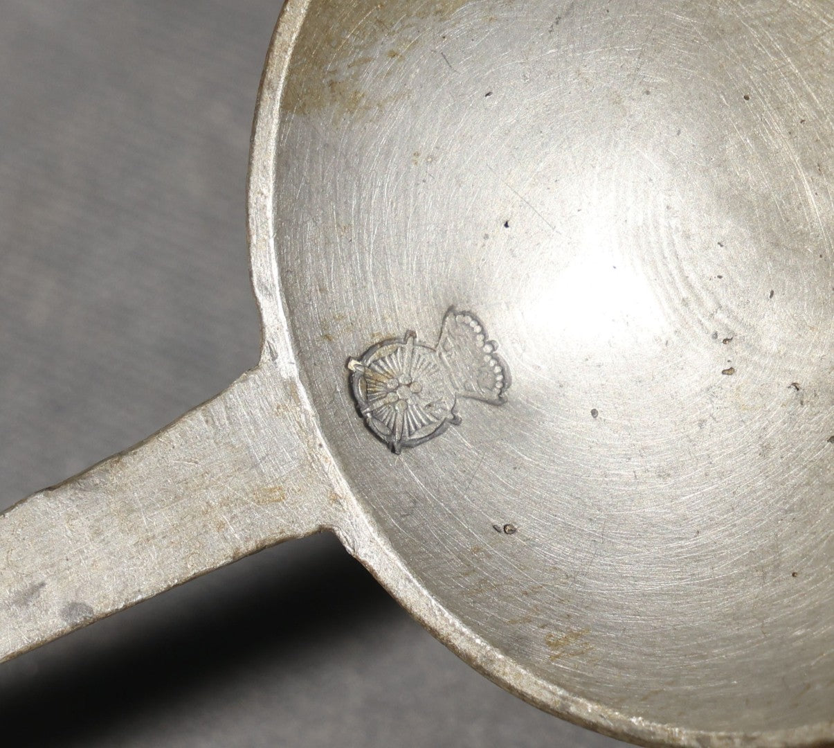 Antique Pewter Spoon with Figural Cherub Handle and Stamped Rose Mark in Bowl