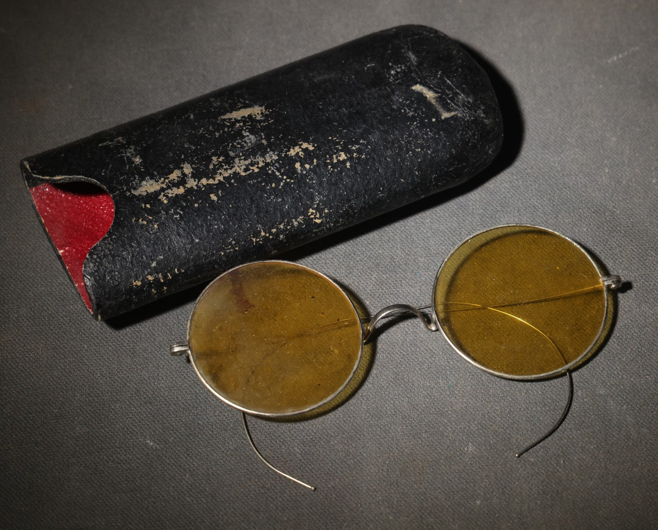 Antique Round Wire-Frame Amber Tinted Glasses with Curved Earpieces and Hard Case