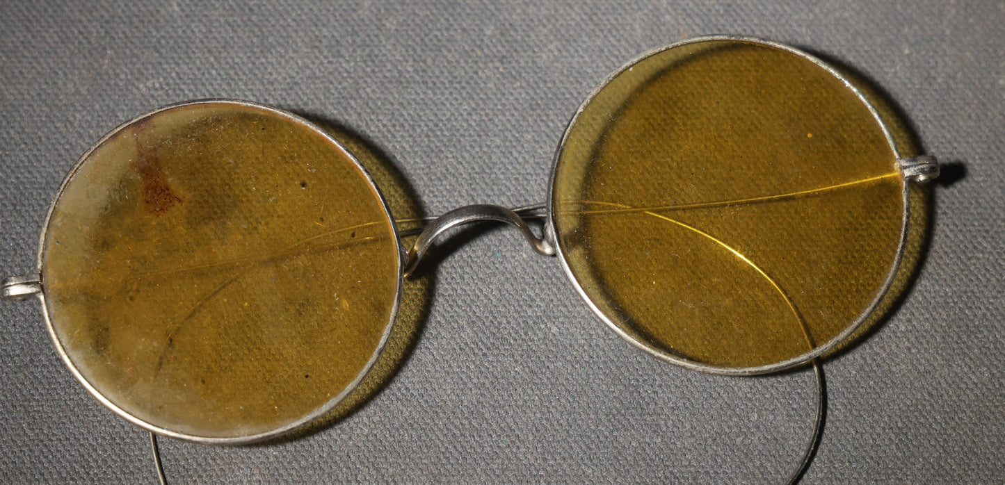 Antique Round Wire-Frame Amber Tinted Glasses with Curved Earpieces and Hard Case
