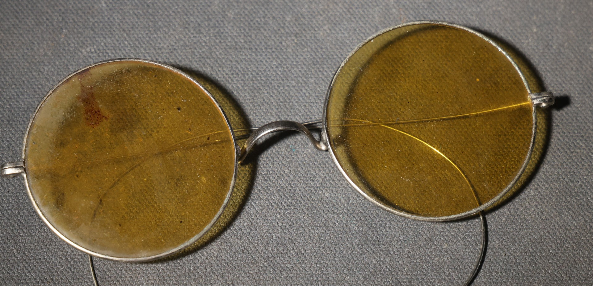 Antique Round Wire-Frame Amber Tinted Glasses with Curved Earpieces and Hard Case