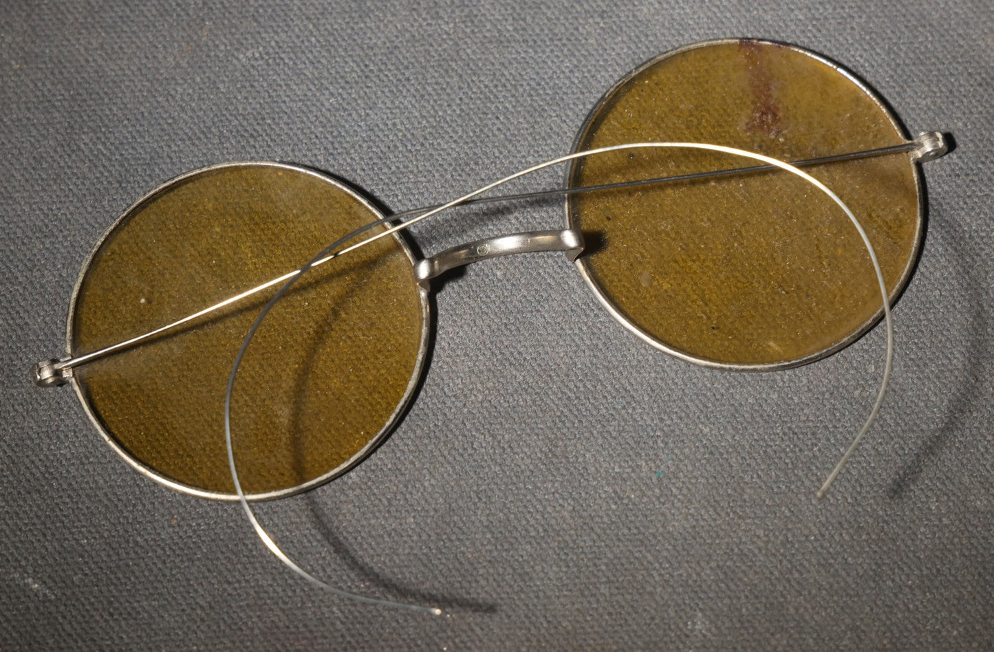 Antique Round Wire-Frame Amber Tinted Glasses with Curved Earpieces and Hard Case